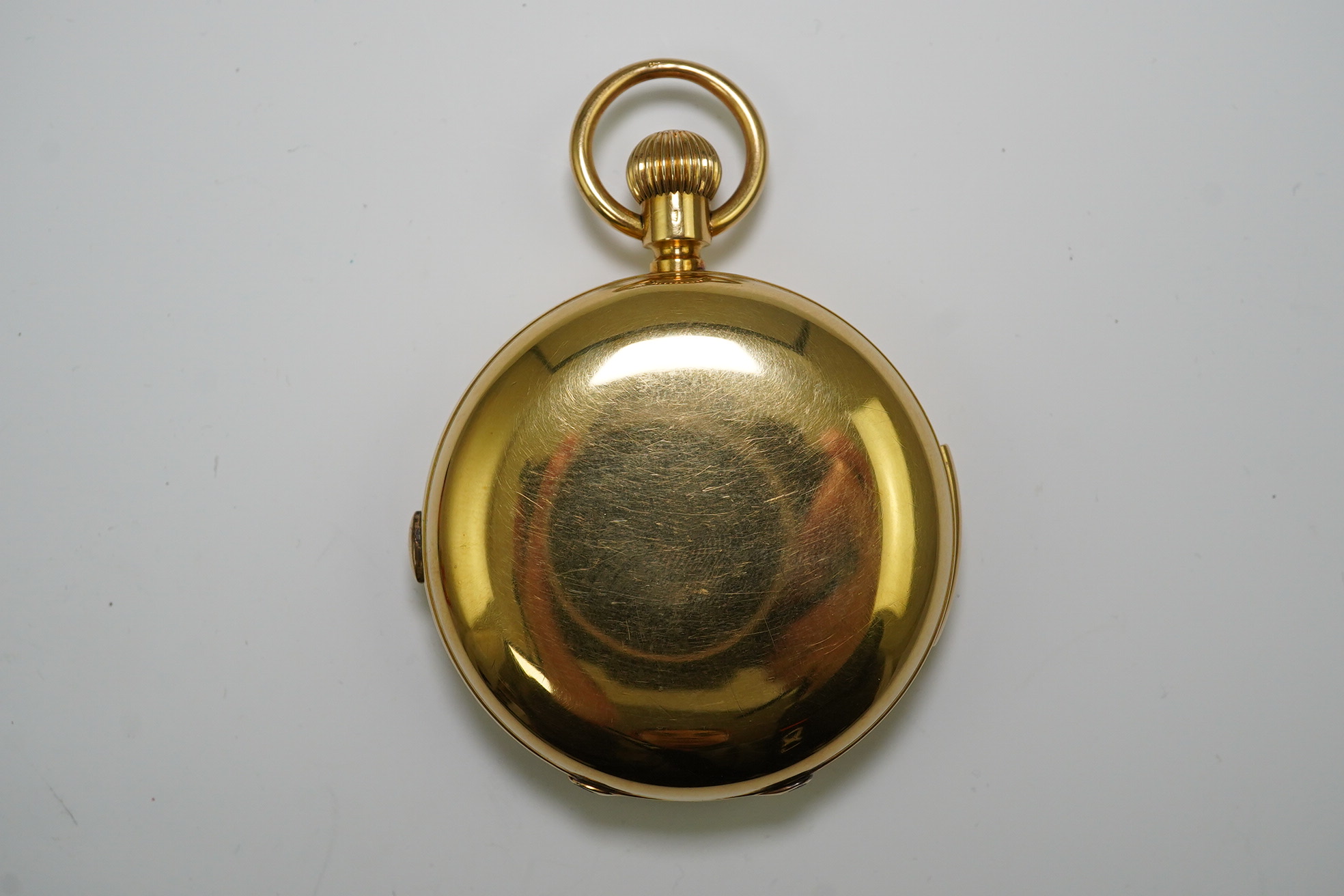 A Swiss 18k gold hunter repeating chronograph keyless pocket watch